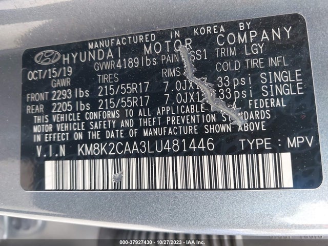 2020 HYUNDAI KONA SEL VIN: KM8K2CAA3LU481446