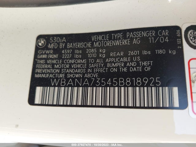 2005 BMW 5 SERIES 530I VIN: WBANA73545B818925