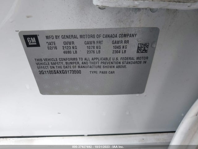 2016 CHEVROLET IMPALA LT VIN: 2G1105SAXG9173590
