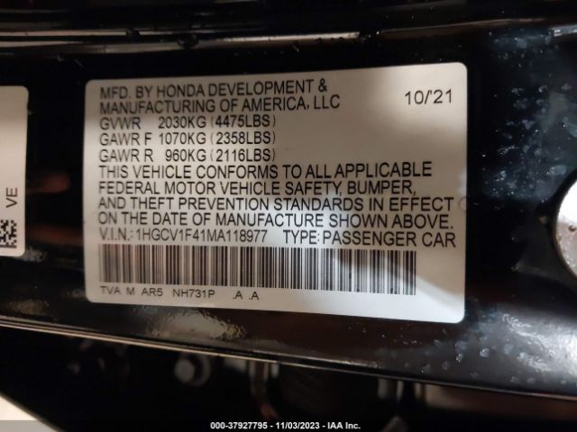 2021 HONDA ACCORD SEDAN 1HGCV1F41MA118977 Photo 8