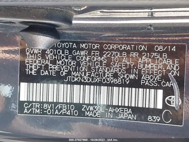 JTDKN3DUXF0398819 Toyota Prius Three