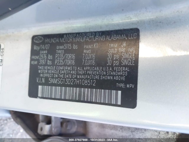 2007 HYUNDAI SANTA FE GLS VIN: 5NMSG13D27H108512