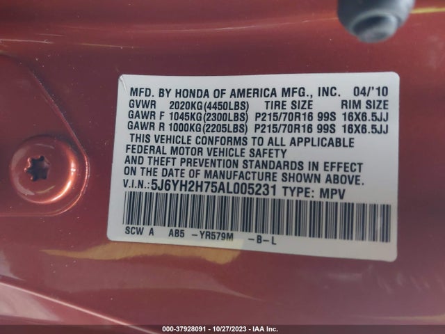 2010 HONDA ELEMENT EX VIN: 5J6YH2H75AL005231
