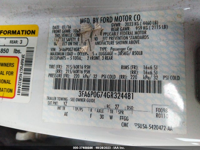 Ford FUSION S 2016 3FA6P0G74GR324481 Image 9