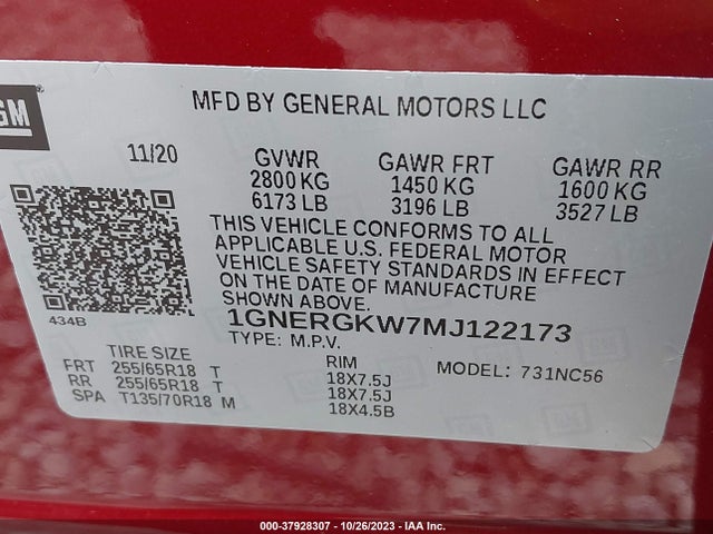 Aukcja sprzedaży 2021 Chevrolet Traverse Fwd Lt Cloth, vin: 1GNERGKW7MJ122173, numer aukcji: 37928307
