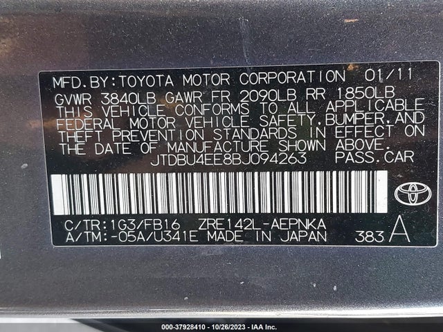 2011 TOYOTA COROLLA L/LE/S VIN: JTDBU4EE8BJ094263