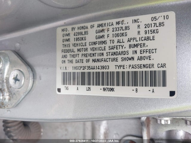 2010 HONDA ACCORD SDN LX VIN: 1HGCP2F35AA143903