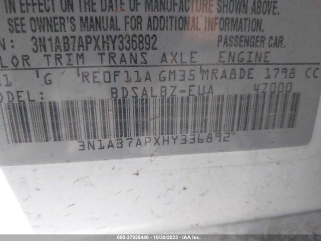 2017 NISSAN SENTRA S VIN: 3N1AB7APXHY336892