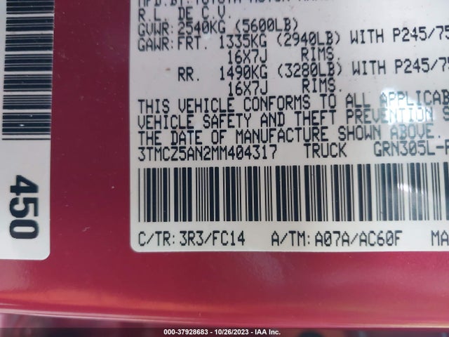 2021 TOYOTA TACOMA 4WD SR5 VIN: 3TMCZ5AN2MM404317