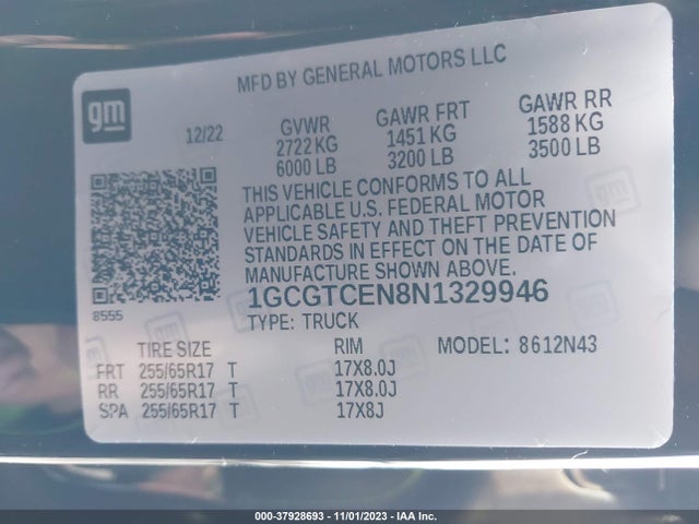 2022 CHEVROLET COLORADO 4WD LT VIN: 1GCGTCEN8N1329946