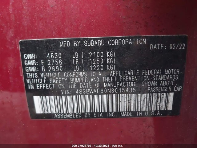 2022 SUBARU LEGACY PREMIUM VIN: 4S3BWAF60N3015435