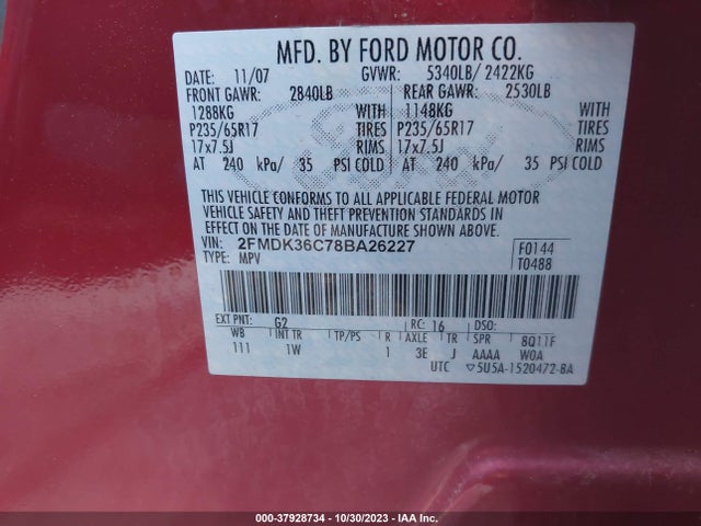 2008 FORD EDGE SE VIN: 2FMDK36C78BA26227