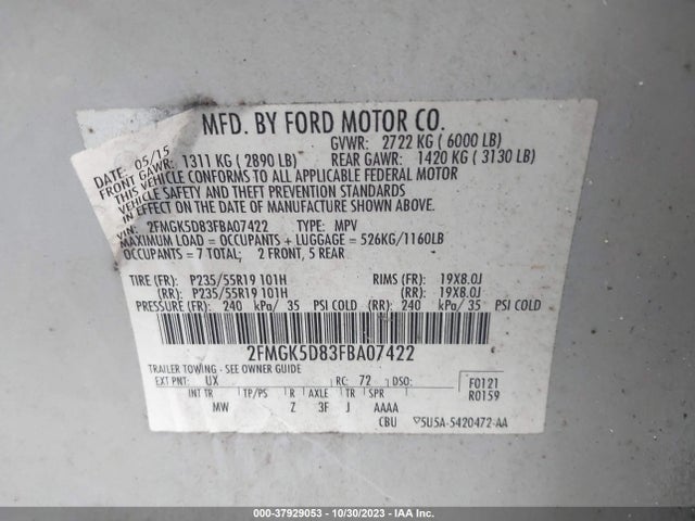 2015 FORD FLEX LIMITED VIN: 2FMGK5D83FBA07422