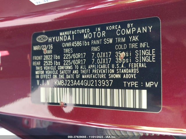 2016 HYUNDAI TUCSON SE VIN: KM8J23A44GU213937