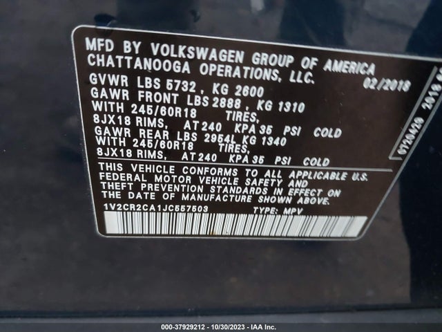 1V2CR2CA1JC557503 Volkswagen Atlas 3.6l V6 Se