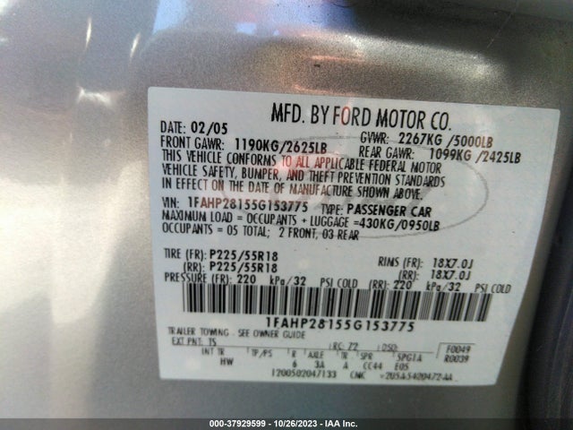 2005 FORD FIVE HUNDRED LIMITED VIN: 1FAHP28155G153775