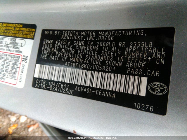 2007 TOYOTA CAMRY CE/LE/SE/XLE VIN: 4T1BE46K07U058201