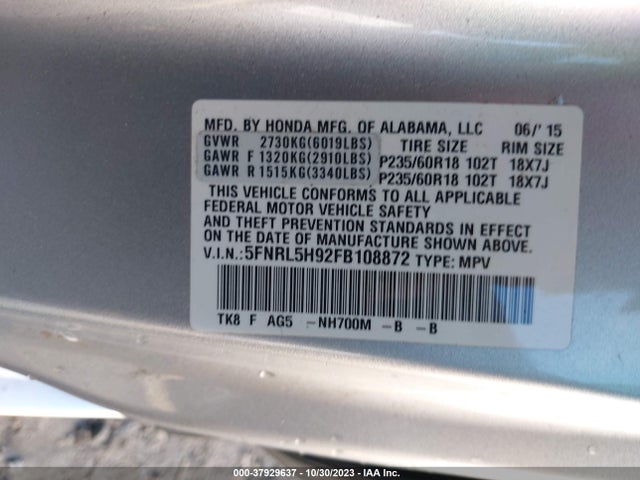 Honda Odyssey Touring 2015 5FNRL5H92FB108872 Image 9