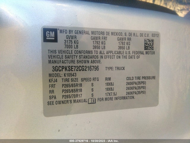 2012 CHEVROLET SILVERADO 1500 LT VIN: 3GCPKSE72CG216796