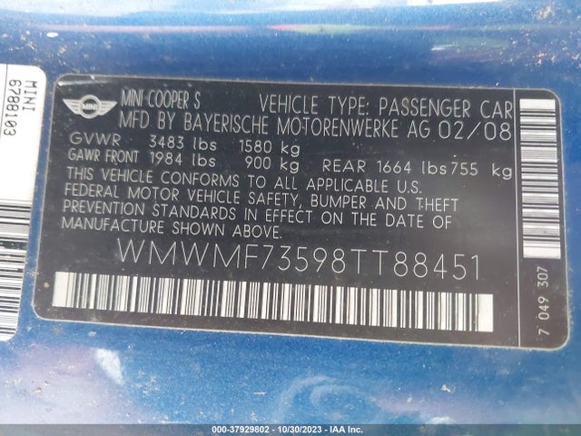 2008 MINI COOPER HARDTOP WMWMF73598TT88451 Photo 8
