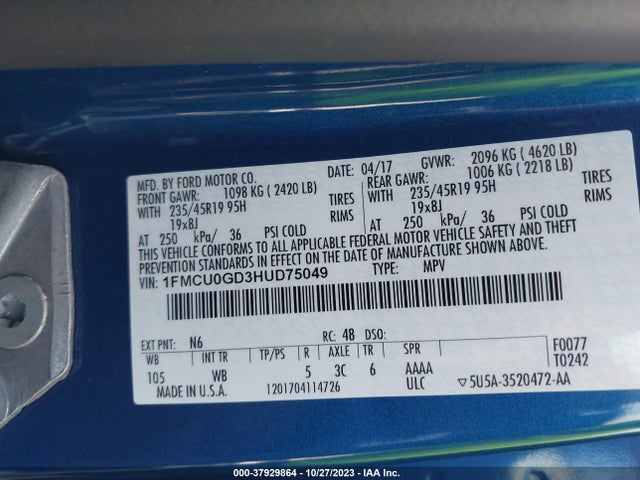 2017 FORD ESCAPE SE VIN: 1FMCU0GD3HUD75049
