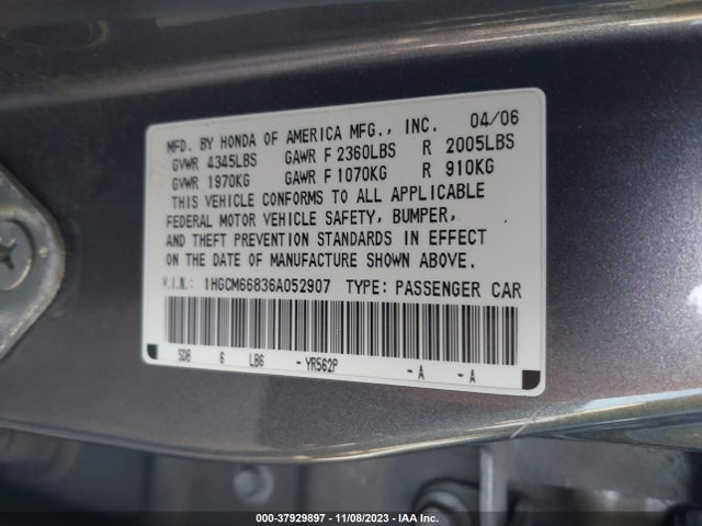 2006 HONDA ACCORD SDN EX-L V6 WITH NAVI VIN: 1HGCM66836A052907