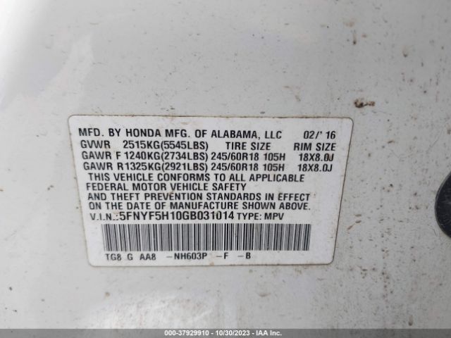 5FNYF5H10GB031014 Honda PILOT LX