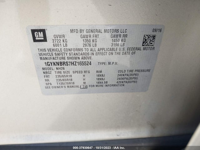 1GYKNBRS7HZ165524 Cadillac Xt5 Luxury Fwd