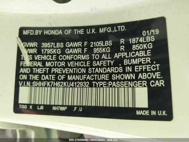 SHHFK7H62KU412932 Honda Civic Hatchback Ex