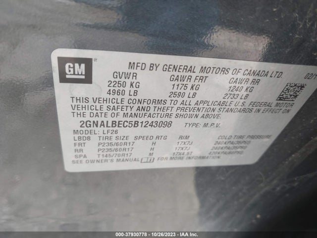 2011 CHEVROLET EQUINOX LS VIN: 2GNALBEC5B1243098