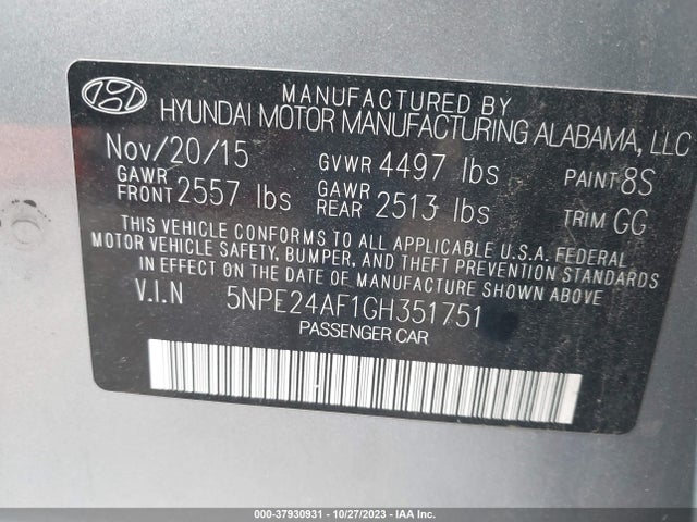 2016 HYUNDAI SONATA SE VIN: 5NPE24AF1GH351751