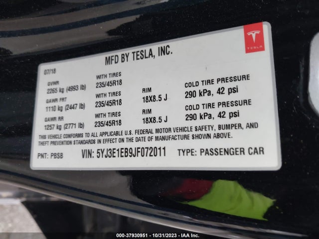 Tesla Model 3 Performance/long Range 2018 5YJ3E1EB9JF072011 Image 9