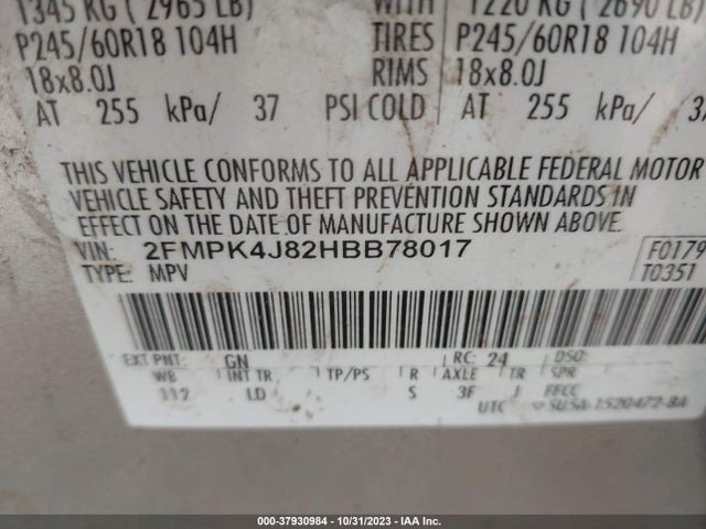 2017 FORD EDGE SEL VIN: 2FMPK4J82HBB78017