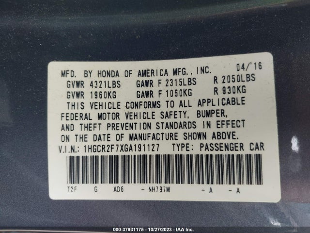 Honda ACCORD EX 2016 1HGCR2F7XGA191127 Image 9