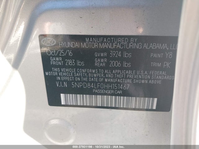 2017 HYUNDAI ELANTRA SE VIN: 5NPD84LF0HH151467