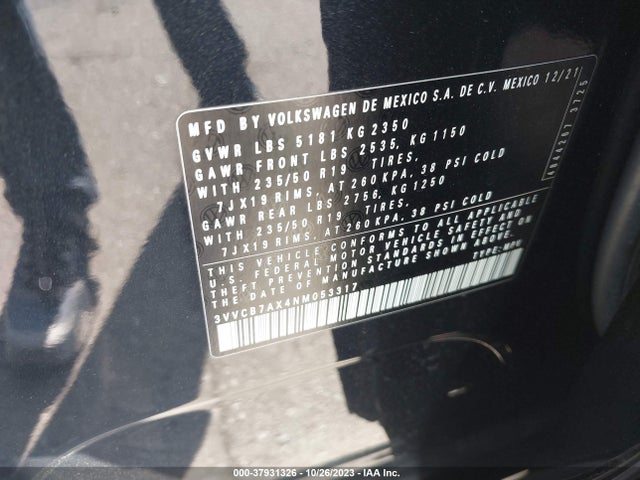 3VVCB7AX4NM053317 Volkswagen Tiguan Se R-line Black