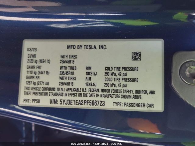 5YJ3E1EA2PF506723 Tesla Model 3 Rear-wheel Drive