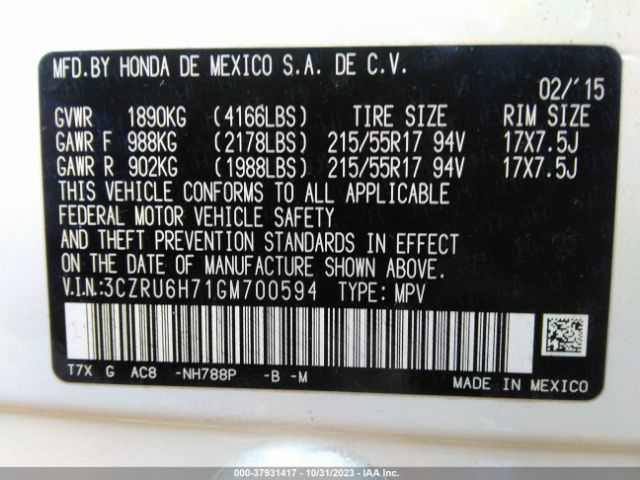 3CZRU6H71GM700594 Honda Hr-v Ex-l