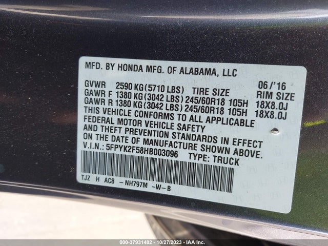 Honda Ridgeline Rtl 2017 5FPYK2F58HB003096 Image 9