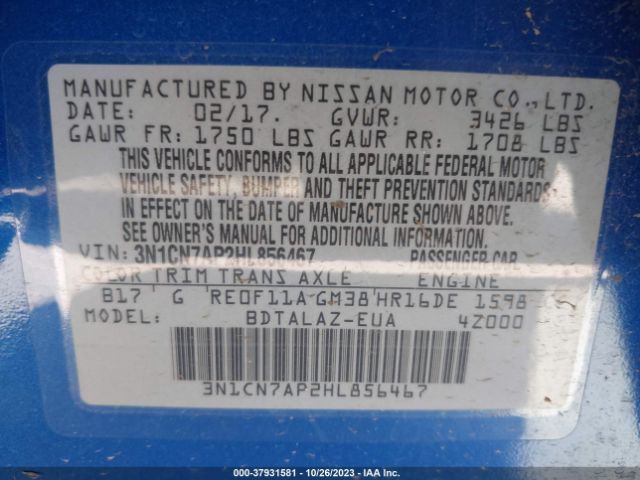 3N1CN7AP2HL856467 Nissan Versa Sedan S Plus