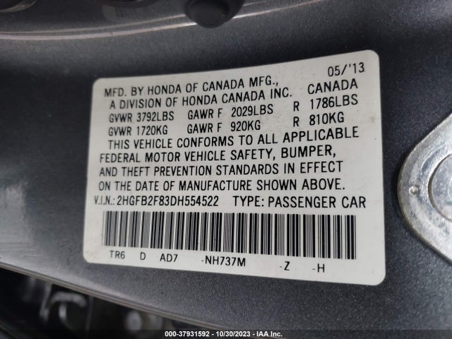 2013 HONDA CIVIC SDN EX VIN: 2HGFB2F83DH554522