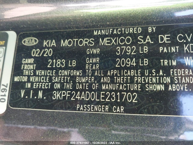 2020 KIA FORTE LXS VIN: 3KPF24AD0LE231702