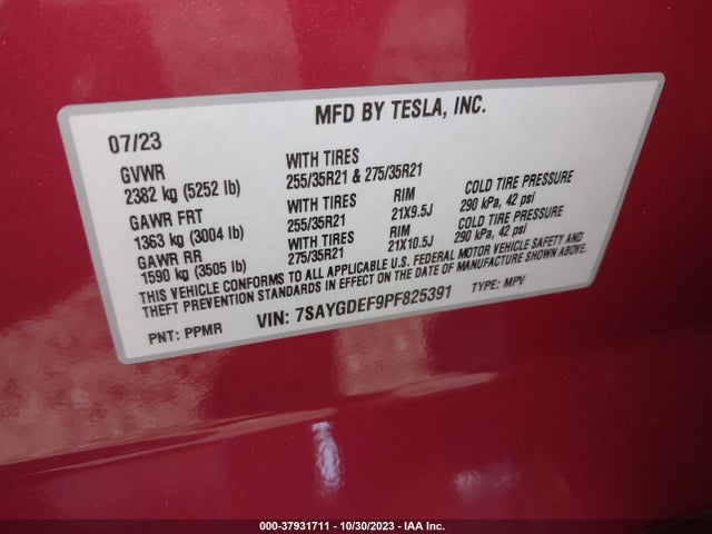 2023 TESLA MODEL Y PERFORMANCE DUAL MOTOR ALL-WHEEL DRIVE/AWD VIN: 7SAYGDEF9PF825391