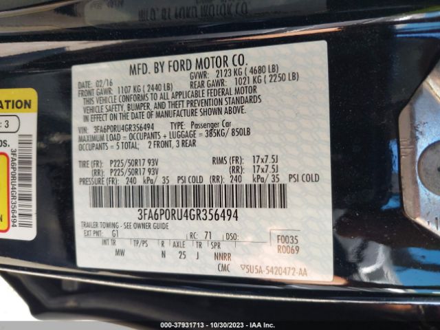 3FA6P0RU4GR356494 Ford Fusion Titanium Hybrid