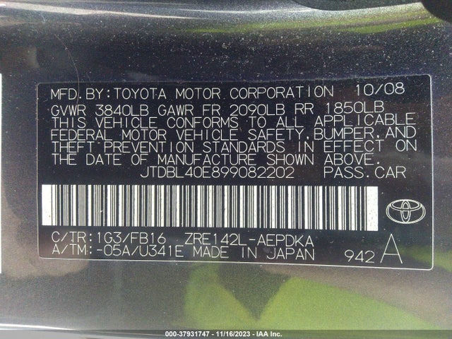 2009 TOYOTA COROLLA VIN: JTDBL40E899082202