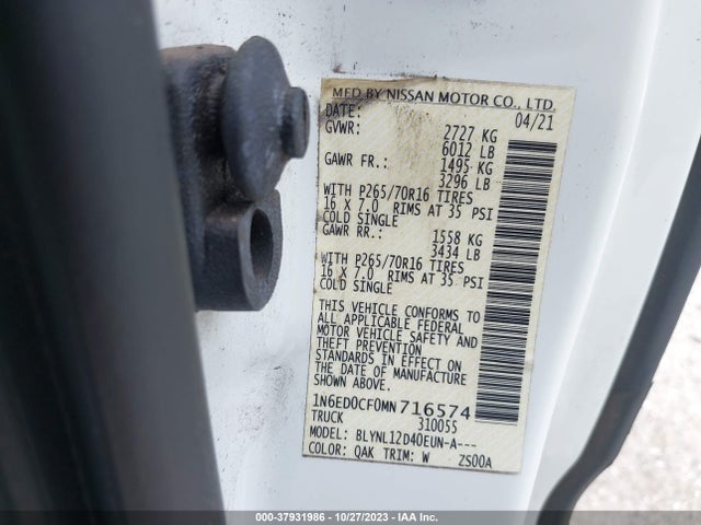 2021 NISSAN FRONTIER S VIN: 1N6ED0CF0MN716574