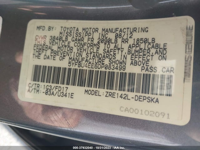 2013 TOYOTA COROLLA S VIN: 5YFBU4EE6DP083499