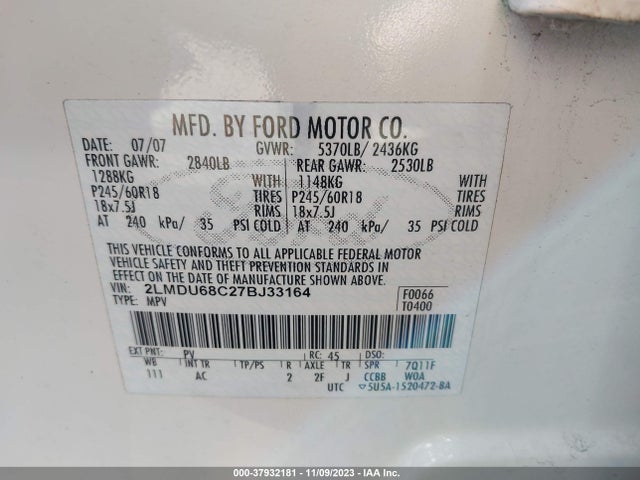 2007 LINCOLN MKX VIN: 2LMDU68C27BJ33164