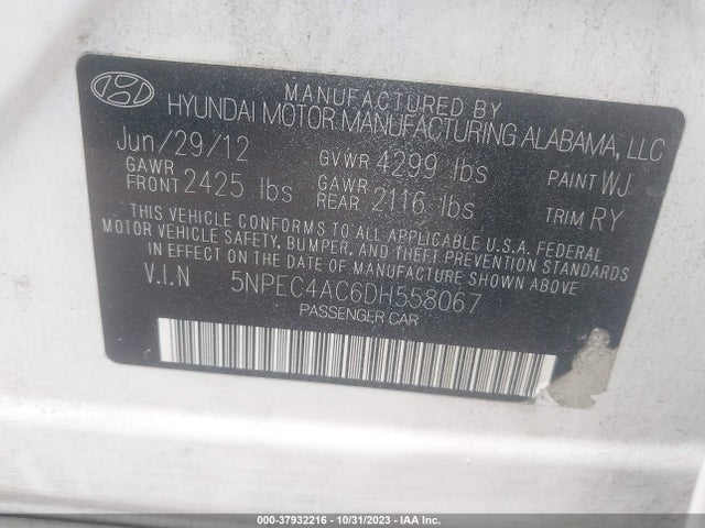 2013 HYUNDAI SONATA LIMITED VIN: 5NPEC4AC6DH558067