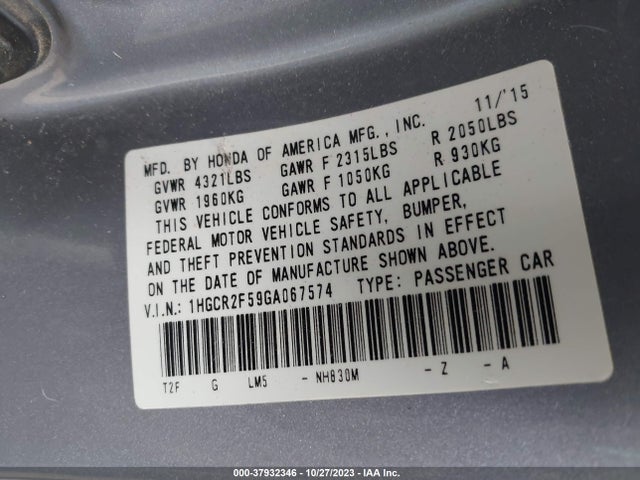 2016 HONDA ACCORD SPORT VIN: 1HGCR2F59GA067574